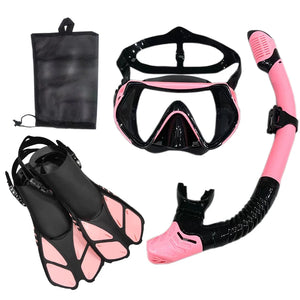 Image of a complete lightweight snorkel set featuring a panoramic mask, dry-top snorkel, and adjustable flippers, neatly displayed on a beach towel. Perfect for travelers seeking compact and comfortable snorkeling gear for underwater exploration.