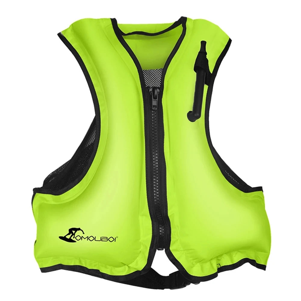 Adult inflatable hybrid snorkel vests for snorkeling, boating, kayaking, and water sports, featuring bright colors, reflective strips, and durable materials for enhanced safety and comfort.