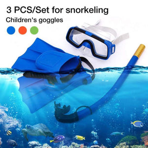 Children's Snorkel Set with adjustable anti-fog mask, semi-dry snorkel, and flexible fins for young snorkelers; lightweight, comfortable, and designed for safe underwater exploration in pools, lakes, and beach vacations. Includes mesh carrying bag for easy transport and storage. Perfect fit with adjustable straps as kids grow, ideal for aquatic adventures.