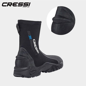 Cressi KORSOR 5mm Rigid Sole Dive Boots for scuba diving, featuring durable neoprene construction, YKK zipper with HydroSeal, high-grip sole, and fin strap notch for a secure fit. Ideal dive boots for cold water diving, snorkeling, and underwater exploration.