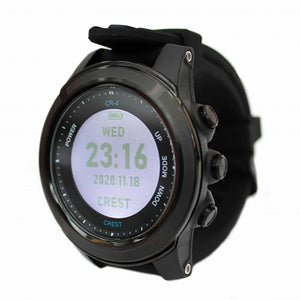 CREST CR4 Dive Computer Watch for scuba, freediving, and tech diving, featuring a 100-meter depth rating, rechargeable battery, and multiple dive modes, displayed on a sleek black wristwatch.