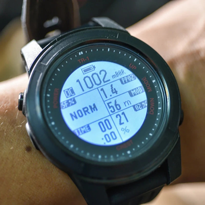 CREST CR4 Dive Computer Watch for scuba, freediving, and tech diving, featuring a 100-meter depth rating, rechargeable battery, and multiple dive modes, displayed on a sleek black wristwatch.