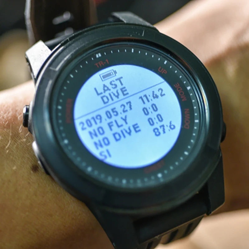 CREST CR4 Dive Computer Watch for scuba, freediving, and tech diving, featuring a 100-meter depth rating, rechargeable battery, and multiple dive modes, displayed on a sleek black wristwatch.