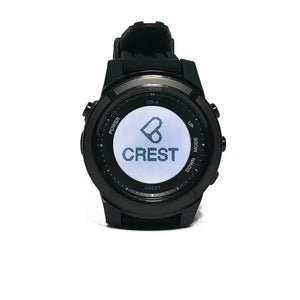 CREST CR4 Dive Computer Watch for scuba, freediving, and tech diving, featuring a 100-meter depth rating, rechargeable battery, and multiple dive modes, displayed on a sleek black wristwatch.