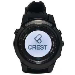 CREST CR4 Dive Computer Watch for scuba, freediving, and tech diving, featuring a 100-meter depth rating, rechargeable battery, and multiple dive modes, displayed on a sleek black wristwatch.