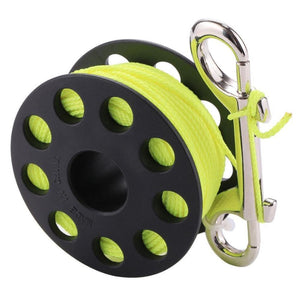 Corrosion-resistant diving spool reel, lightweight PC construction, stainless steel bolt, large flange, ideal for scuba diving, deploying safety markers, surface marker buoy, and cold water diving.