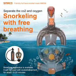 SMACO Full Face Snorkel Mask with 180-degree panoramic view, transparent flat lenses, anti-leak silicone seal, anti-fog airflow system, and adjustable straps, perfect for beginners and experienced snorkelers, ideal for underwater exploration and coral reef observation, available at The Eagle Ray Dive Shop.