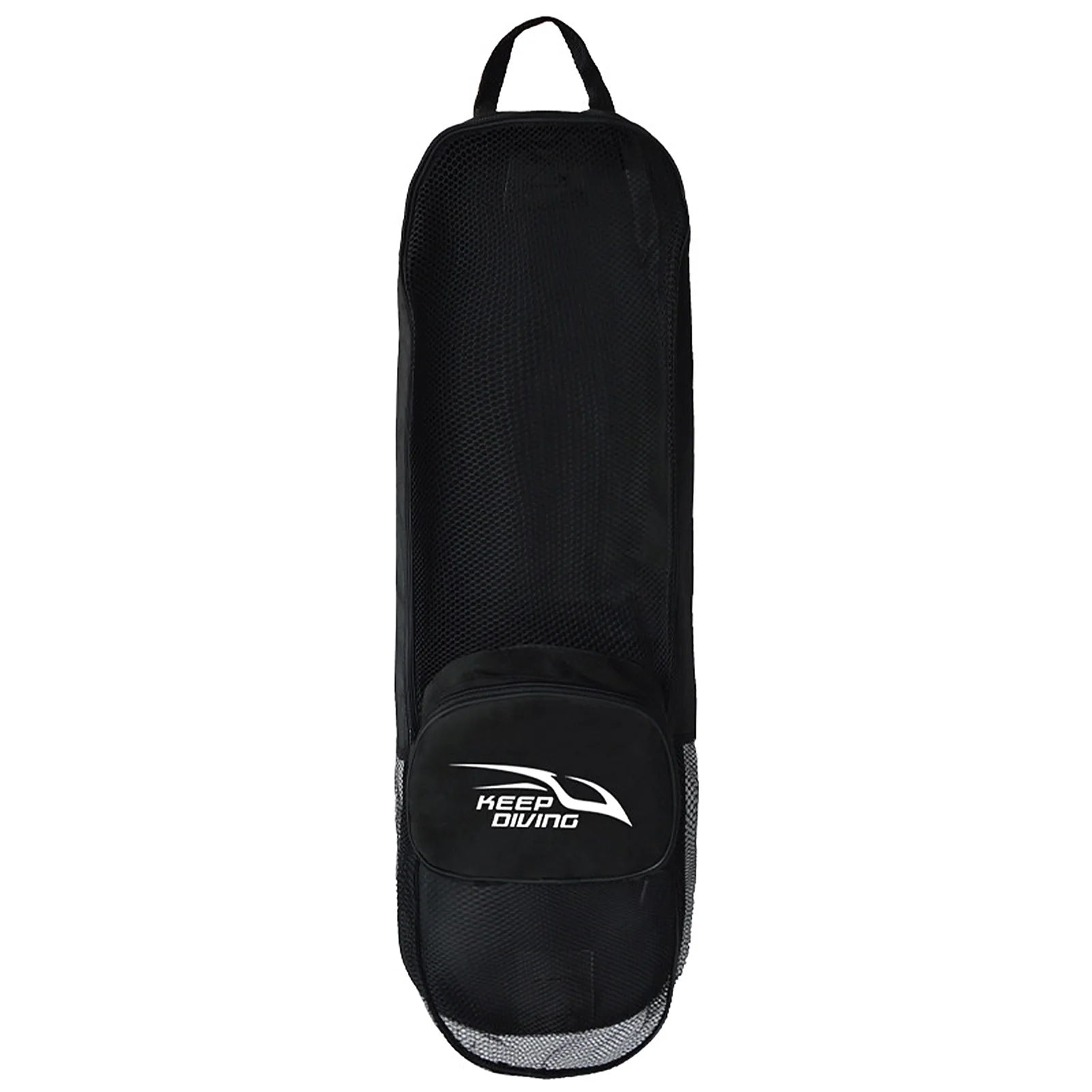 Keep Diving Scuba Gear Bag, a heavy-duty PVC mesh snorkel and dive backpack with adjustable shoulder straps, front pockets, and breathable storage for fins, flippers, masks, and other underwater essentials.