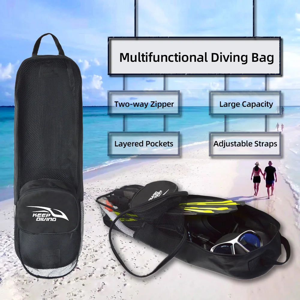 Keep Diving Scuba Gear Bag, a heavy-duty PVC mesh snorkel and dive backpack with adjustable shoulder straps, front pockets, and breathable storage for fins, flippers, masks, and other underwater essentials.