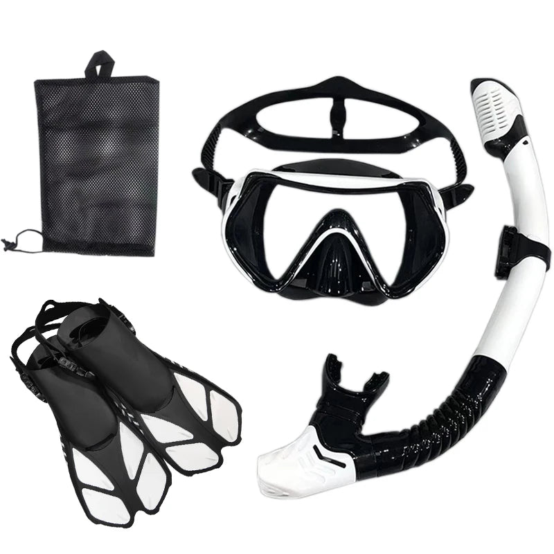 Lightweight snorkel set featuring a panoramic tempered glass mask, dry-top snorkel with silicone mouthpiece, adjustable flippers with vented blades, and travel bag. Ideal for snorkeling, swimming, and coral reef exploration.