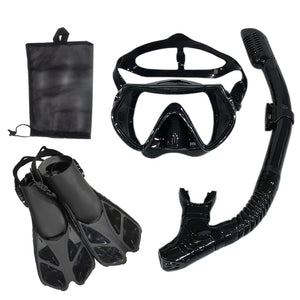 Lightweight snorkel set featuring a panoramic tempered glass mask, dry-top snorkel with silicone mouthpiece, adjustable flippers with vented blades, and travel bag. Ideal for snorkeling, swimming, and coral reef exploration.