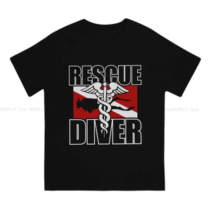 Rescue Diver T-Shirt with bold 'Rescue Diver' text and scuba diving graphic, made from soft broadcloth fabric, relaxed fit, ideal for certified rescue divers to showcase skills and promote scuba safety awareness; perfect for casual wear, dive shops, and marine events.