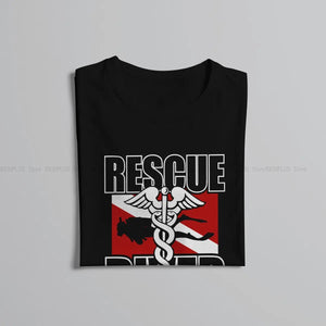 Rescue Diver T-Shirt with bold 'Rescue Diver' text and scuba diving graphic, made from soft broadcloth fabric, relaxed fit, ideal for certified rescue divers to showcase skills and promote scuba safety awareness; perfect for casual wear, dive shops, and marine events.