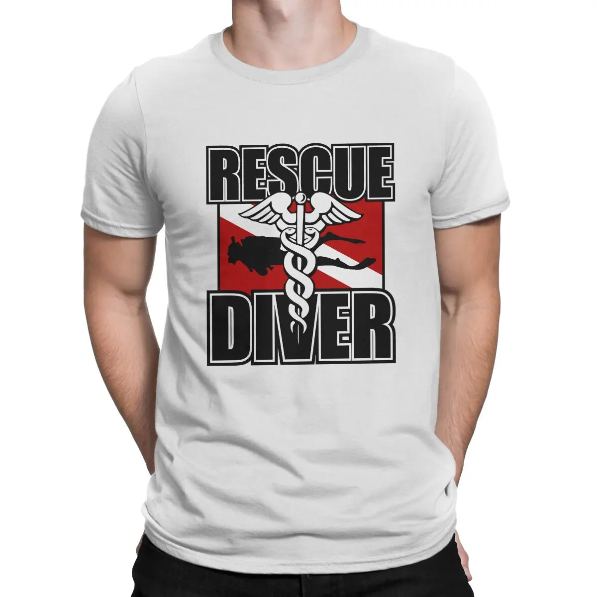 Rescue Diver T-Shirt with bold 'Rescue Diver' text and scuba diving graphic, made from soft broadcloth fabric, relaxed fit, ideal for certified rescue divers to showcase skills and promote scuba safety awareness; perfect for casual wear, dive shops, and marine events.