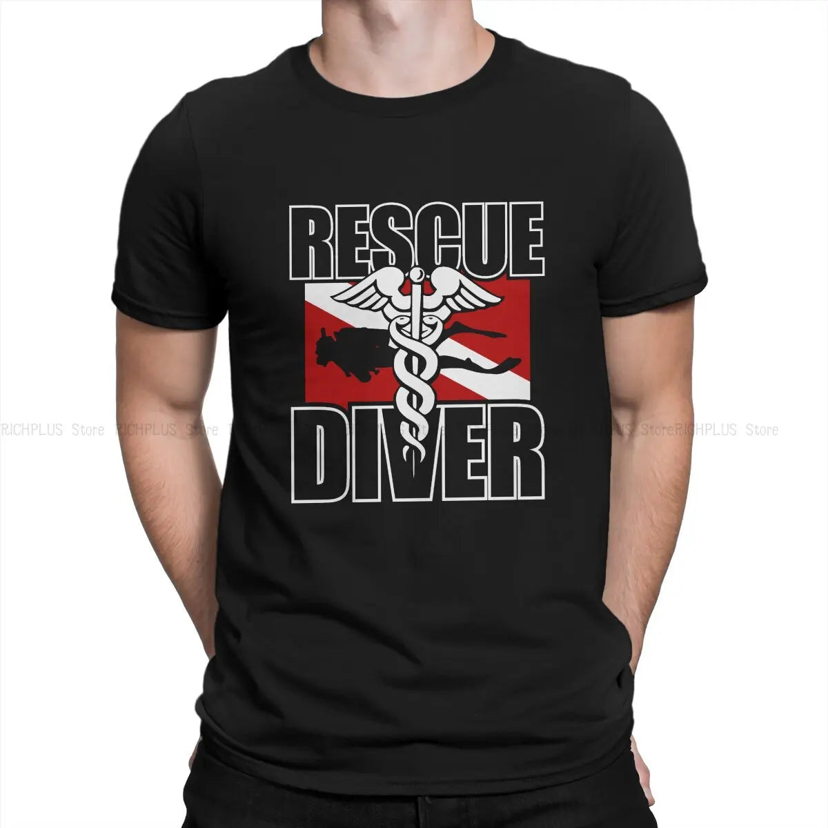 Rescue Diver T-Shirt with bold 'Rescue Diver' text and scuba diving graphic, made from soft broadcloth fabric, relaxed fit, ideal for certified rescue divers to showcase skills and promote scuba safety awareness; perfect for casual wear, dive shops, and marine events.