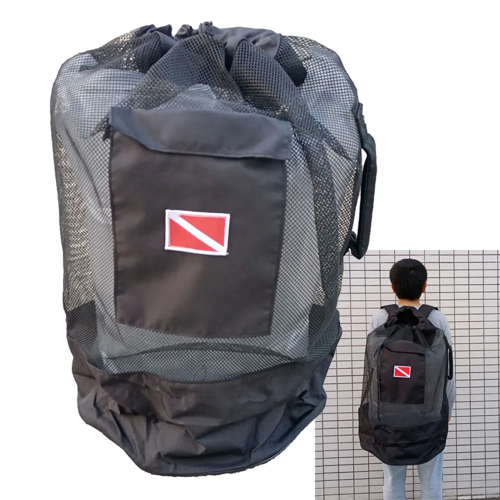 Oversized scuba diving backpack made from durable mesh tech fabric, holding mask, fins, and snorkel gear, designed for easy organization and quick drying.