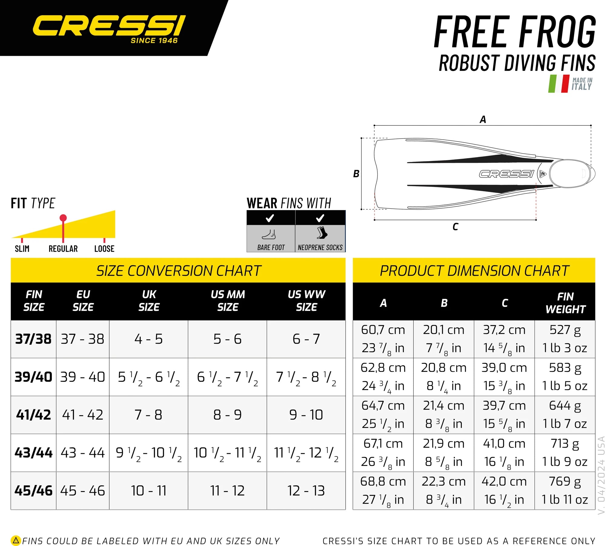 Cressi Free Frog Scuba Diving Fins - High-performance diving fins with a sleek design, below-blade foot pocket for increased thrust, durable polypropylene construction, and ergonomic full-foot pocket for ultimate comfort. Perfect for scuba divers of all levels.