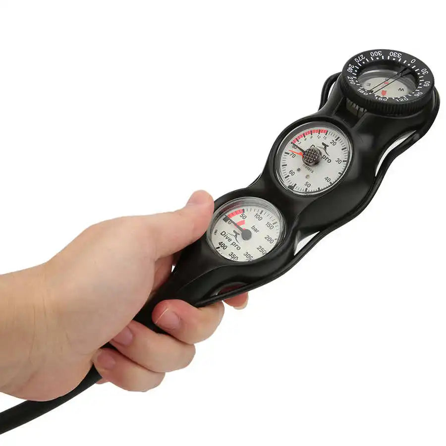 Professional scuba diving gauges with depth and pressure measurement, luminous dial for low-light visibility, durable TPR construction, and optional compass for underwater navigation; essential scuba gear for accurate and safe diving.