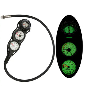 Professional scuba diving gauges with depth and pressure measurement, luminous dial for low-light visibility, durable TPR construction, and optional compass for underwater navigation; essential scuba gear for accurate and safe diving.