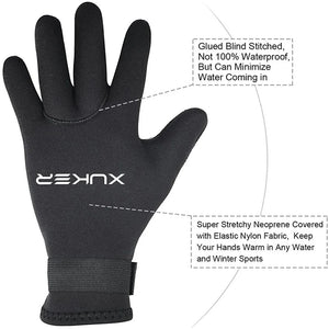 XUKER 3mm & 5mm Neoprene Scuba Diving Gloves featuring thermal insulation, anti-slip grip, and adjustable hook and loop closure for a secure fit, perfect for scuba diving, snorkeling, and various water sports.