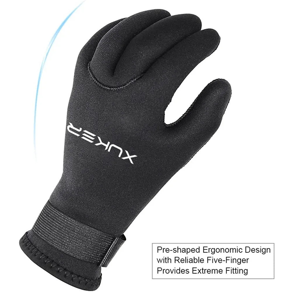 XUKER 3mm & 5mm Neoprene Scuba Diving Gloves featuring thermal insulation, anti-slip grip, and adjustable hook and loop closure for a secure fit, perfect for scuba diving, snorkeling, and various water sports.