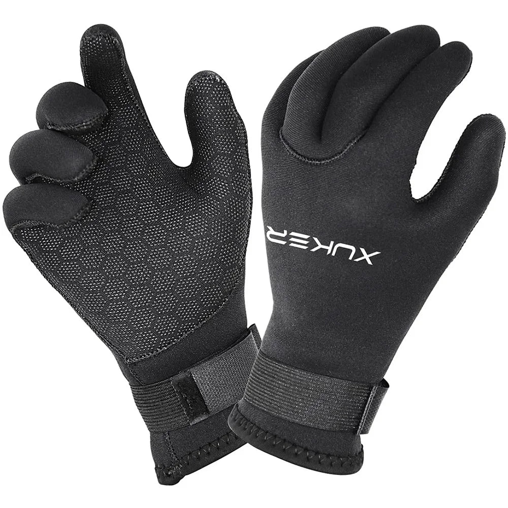 XUKER 3mm & 5mm Neoprene Scuba Diving Gloves featuring thermal insulation, anti-slip grip, and adjustable hook and loop closure for a secure fit, perfect for scuba diving, snorkeling, and various water sports.