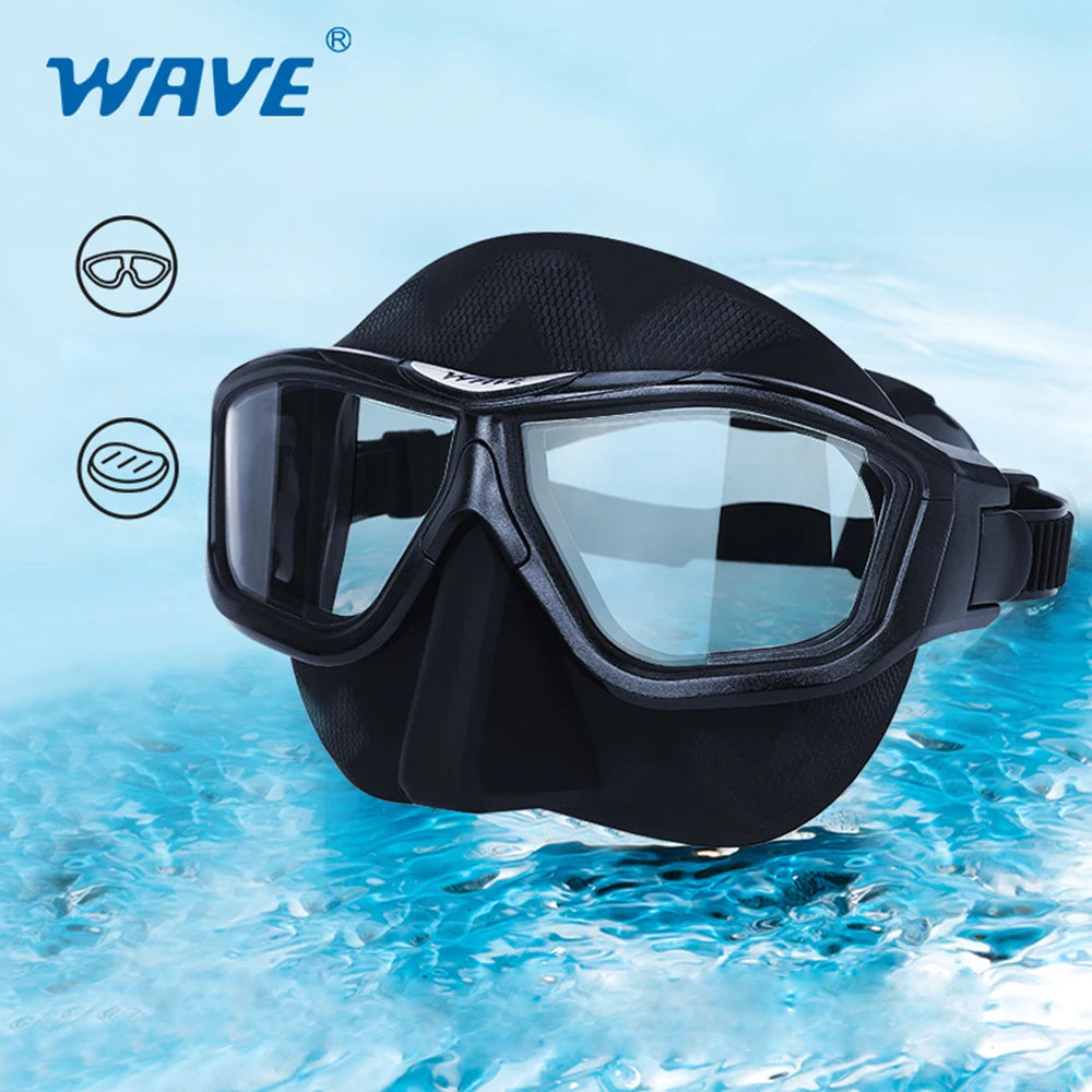 WAVE 6775 Professional Scuba Diving Mask with HD large-frame, full-face design, anti-fog tempered glass lenses, and silicone skirt for snorkeling and diving.6775