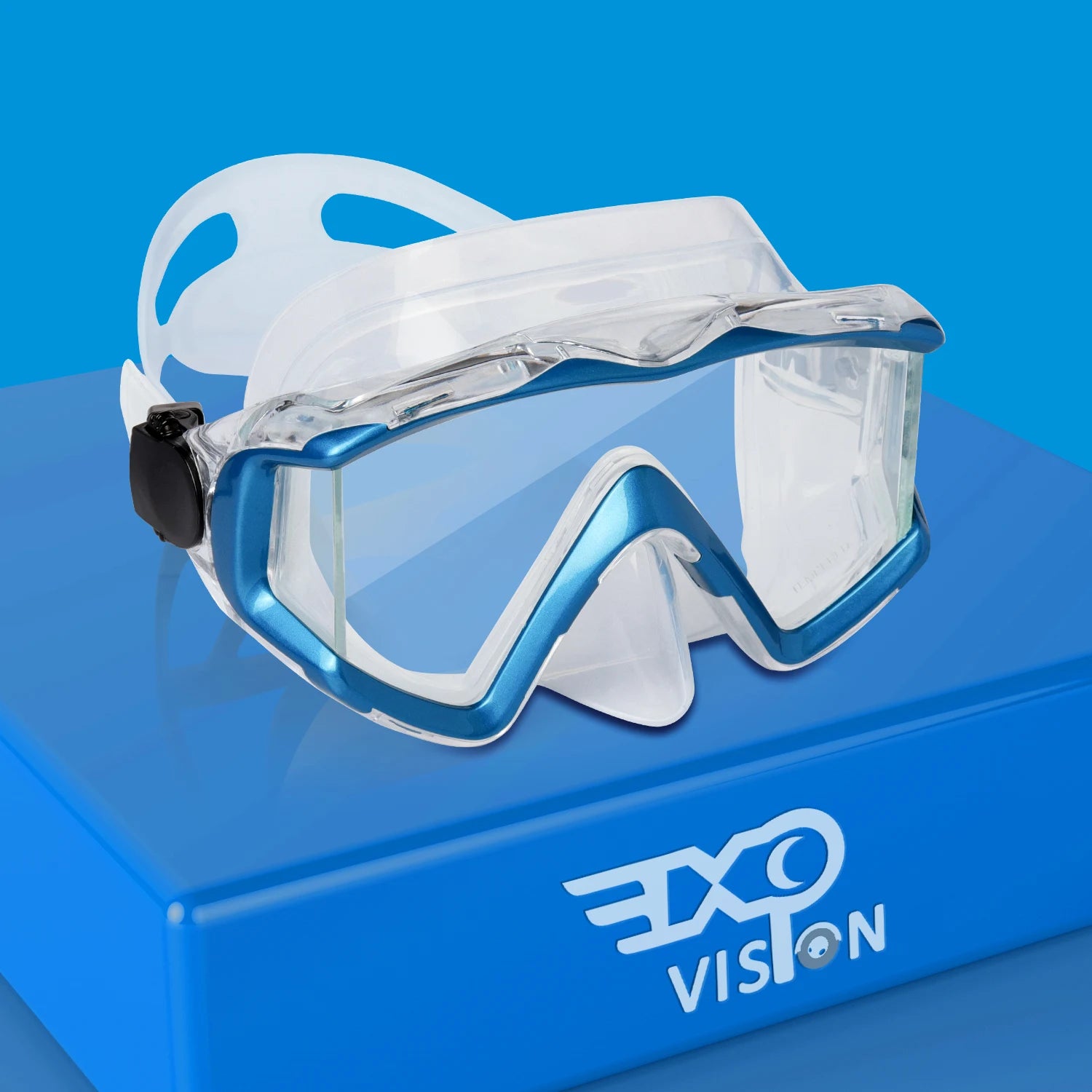 EXP VISION Adult Scuba Diving Mask with Panoramic Tempered Glass, nose cover, and silicone skirt for snorkeling and diving, offering a wide-angle, crystal-clear underwater view.