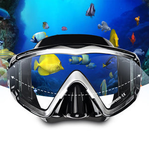 EXP VISION Adult Scuba Diving Mask with Panoramic Tempered Glass, nose cover, and silicone skirt for snorkeling and diving, offering a wide-angle, crystal-clear underwater view.