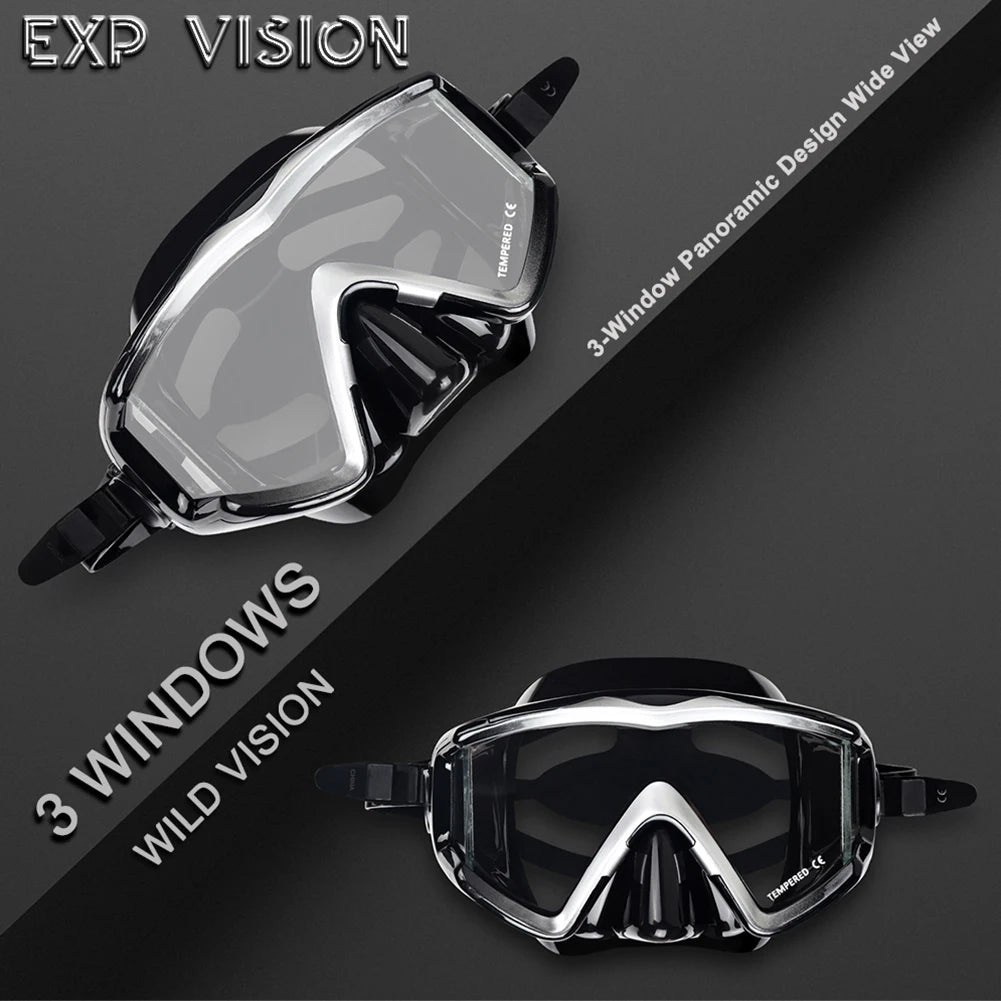 EXP VISION Adult Scuba Diving Mask with Panoramic Tempered Glass, nose cover, and silicone skirt for snorkeling and diving, offering a wide-angle, crystal-clear underwater view.