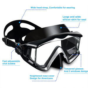 EXP VISION Adult Scuba Diving Mask with Panoramic Tempered Glass, nose cover, and silicone skirt for snorkeling and diving, offering a wide-angle, crystal-clear underwater view.