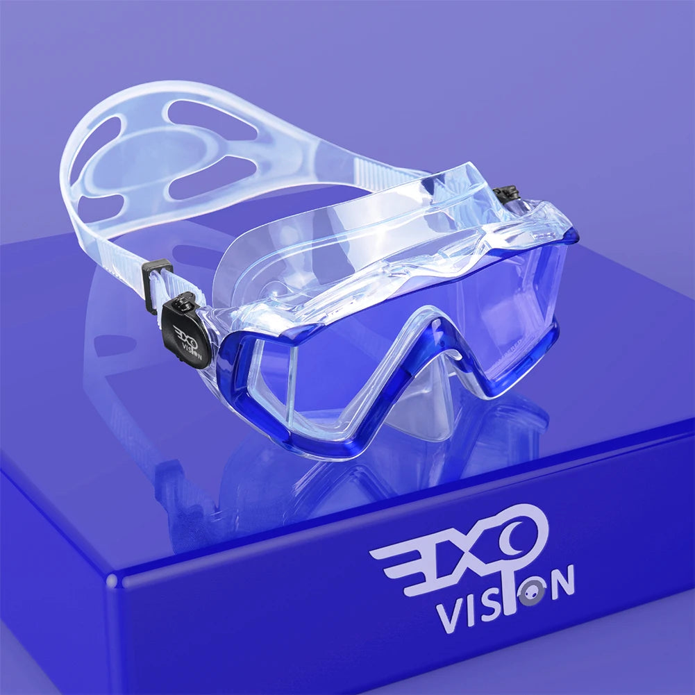 EXP VISION Adult Scuba Diving Mask with Panoramic Tempered Glass, nose cover, and silicone skirt for snorkeling and diving, offering a wide-angle, crystal-clear underwater view.