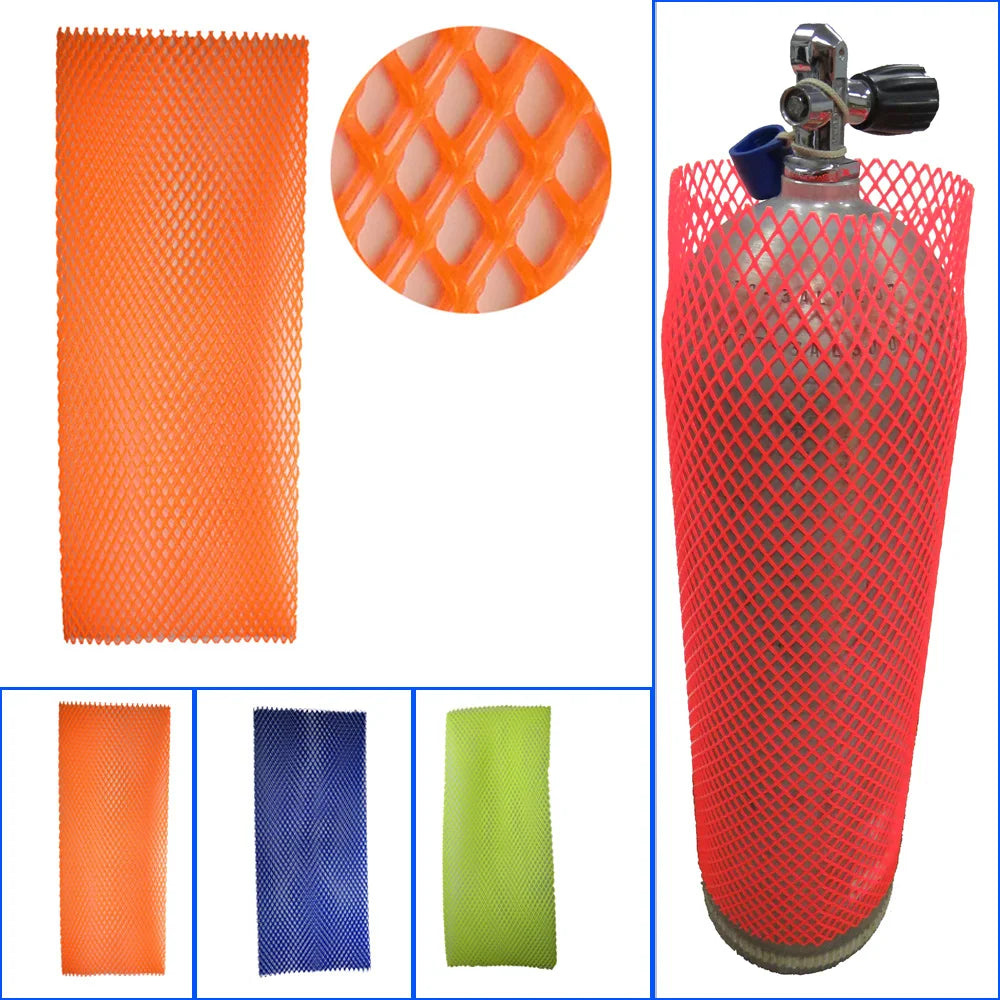 Heavy Duty PVC Scuba Tank Protector with open-weave mesh design, fits 6.9-8 inch cylinders, shields scuba tanks from scratches, dents, and abrasions. Promotes airflow to prevent rust and corrosion, offers secure grip to minimize slippage during transport and storage, ideal for long-lasting scuba gear protection.