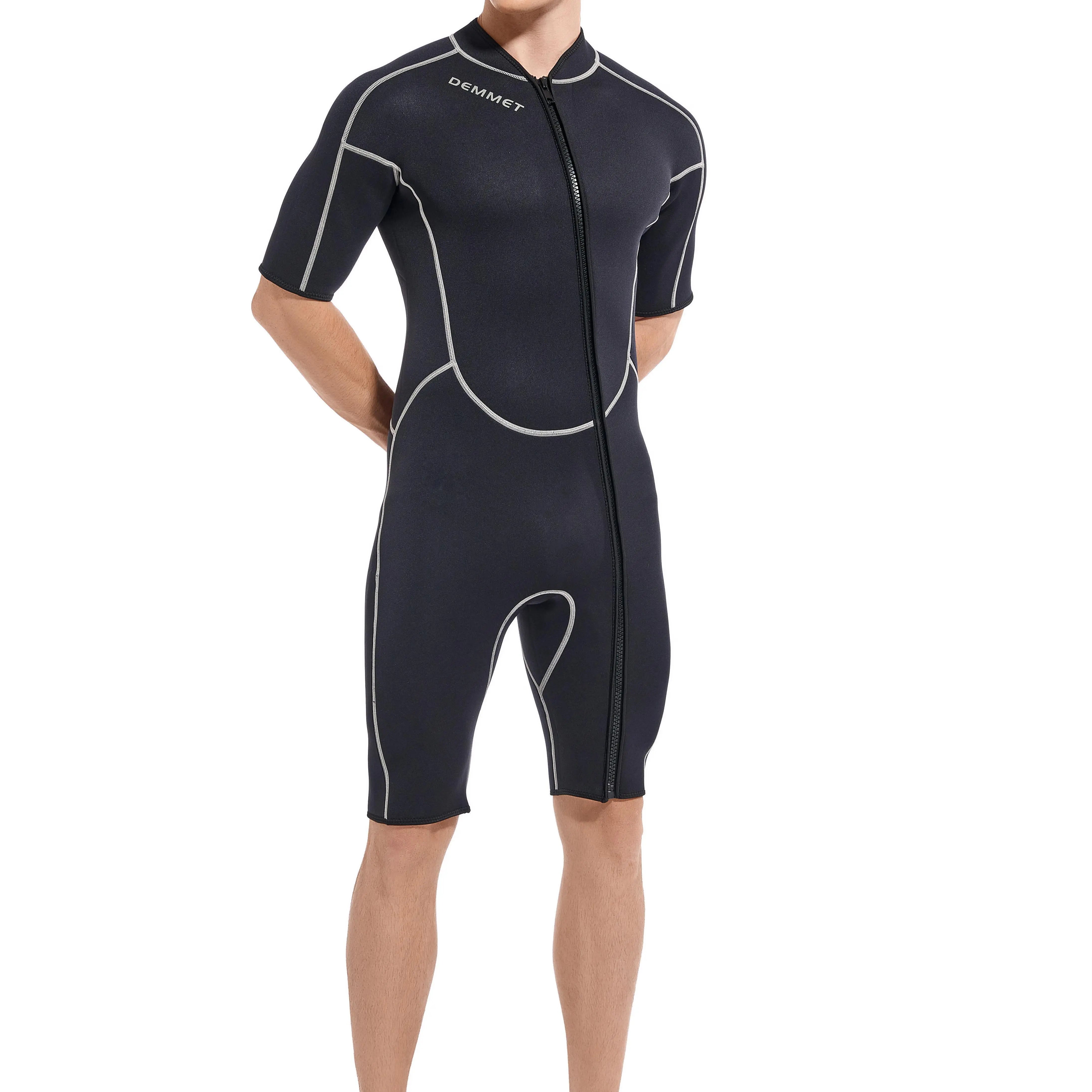 DEMMET shorty wetsuit made from 1.5mm neoprene, designed for men and women, offering UV protection, flexibility, and insulation for swimming, snorkeling, surfing, diving, and water sports. This lightweight short sleeve wetsuit features a front zipper for easy access, flat-lock seams for comfort, and durable nylon fabric for long-lasting performance.