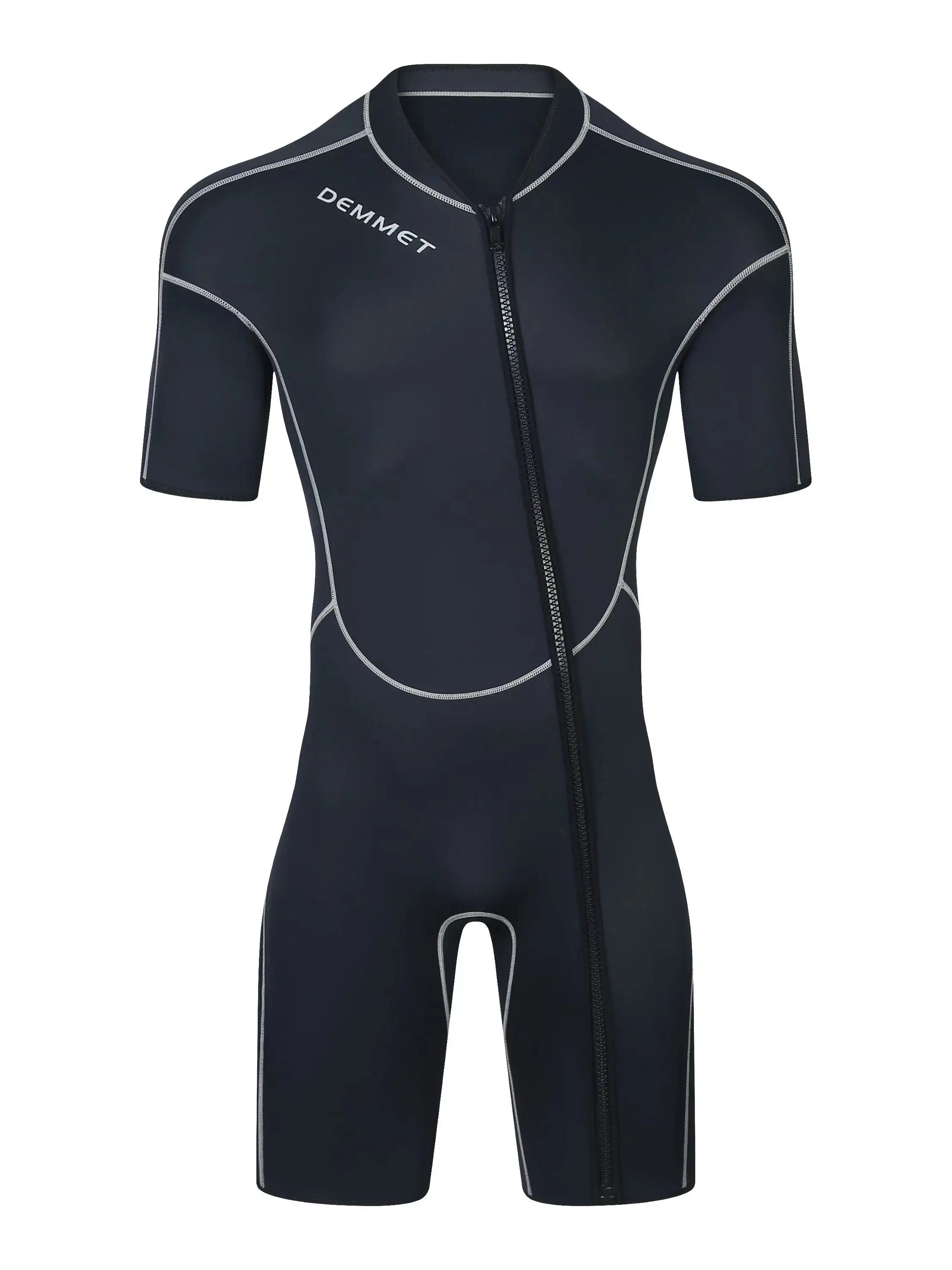 DEMMET shorty wetsuit made from 1.5mm neoprene, designed for men and women, offering UV protection, flexibility, and insulation for swimming, snorkeling, surfing, diving, and water sports. This lightweight short sleeve wetsuit features a front zipper for easy access, flat-lock seams for comfort, and durable nylon fabric for long-lasting performance.