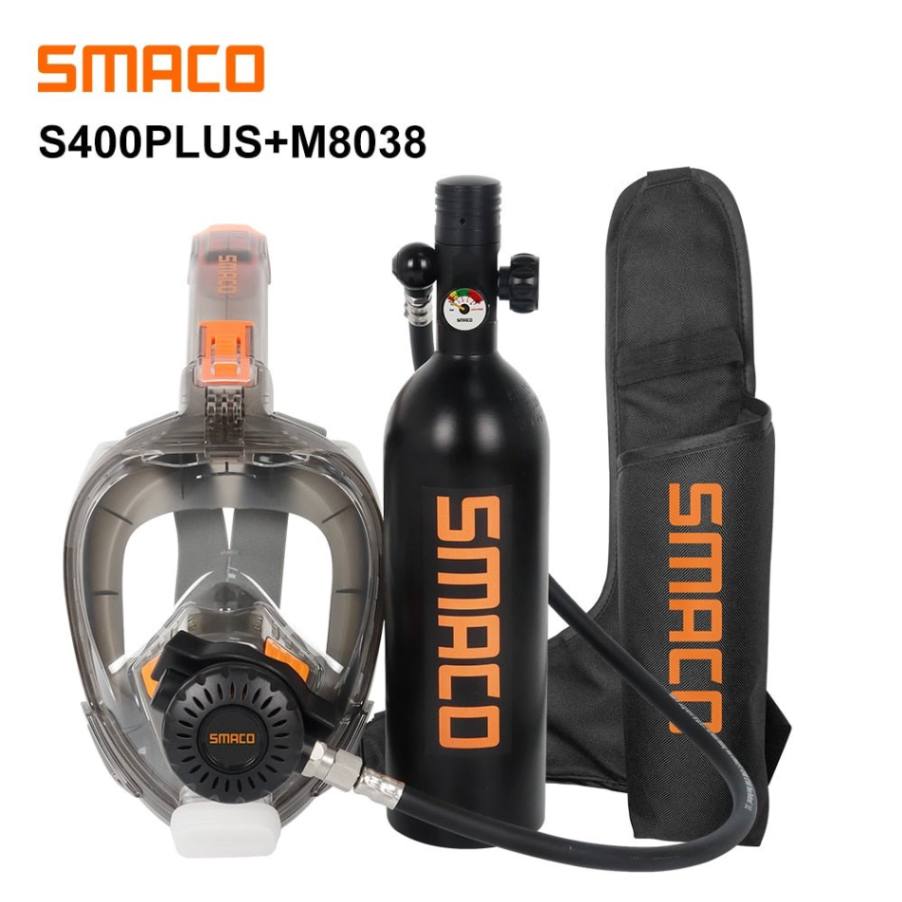 SMACO snorkel mask with air tank system featuring a lightweight design, tempered glass lenses with anti-fog coating, 180-degree panoramic view, adjustable straps, secure water-tight seal, and aerospace aluminum 1L diving tank for up to 340 underwater breaths. Ideal for snorkeling, exploring coral reefs, and capturing underwater adventures with a GoPro mount.