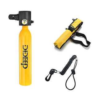 Compact DIDEEP 0.5L X3000 Spare Air Scuba Tank in vibrant yellow with a luminous pressure gauge, aviation-grade aluminum body, and ergonomic silicone mouthpiece. Portable scuba backup air supply providing up to 10 minutes of emergency breathing for divers. Essential diving safety equipment.