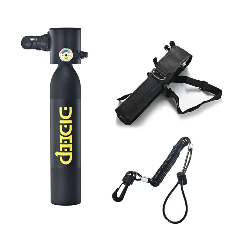 Compact DIDEEP 0.5L X3000 Spare Air Scuba Tank in vibrant yellow with a luminous pressure gauge, aviation-grade aluminum body, and ergonomic silicone mouthpiece. Portable scuba backup air supply providing up to 10 minutes of emergency breathing for divers. Essential diving safety equipment.