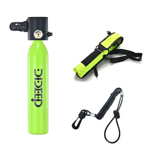 Compact DIDEEP 0.5L X3000 Spare Air Scuba Tank in vibrant yellow with a luminous pressure gauge, aviation-grade aluminum body, and ergonomic silicone mouthpiece. Portable scuba backup air supply providing up to 10 minutes of emergency breathing for divers. Essential diving safety equipment.