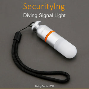 SecurityIng DS01 Underwater Strobe Light with 108-hour battery life, high-intensity flashing signal, waterproof design for depths up to 150 meters, and easy twist-on/off operation for scuba diving and night activities.