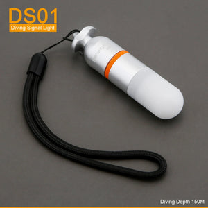 SecurityIng DS01 Underwater Strobe Light with 108-hour battery life, high-intensity flashing signal, waterproof design for depths up to 150 meters, and easy twist-on/off operation for scuba diving and night activities.