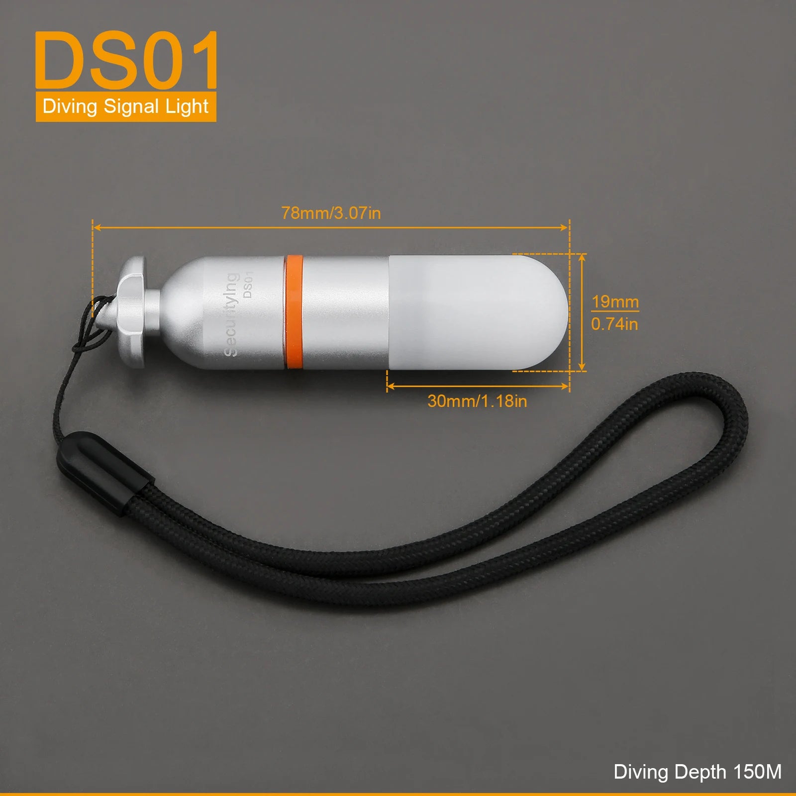 SecurityIng DS01 Underwater Strobe Light with 108-hour battery life, high-intensity flashing signal, waterproof design for depths up to 150 meters, and easy twist-on/off operation for scuba diving and night activities.