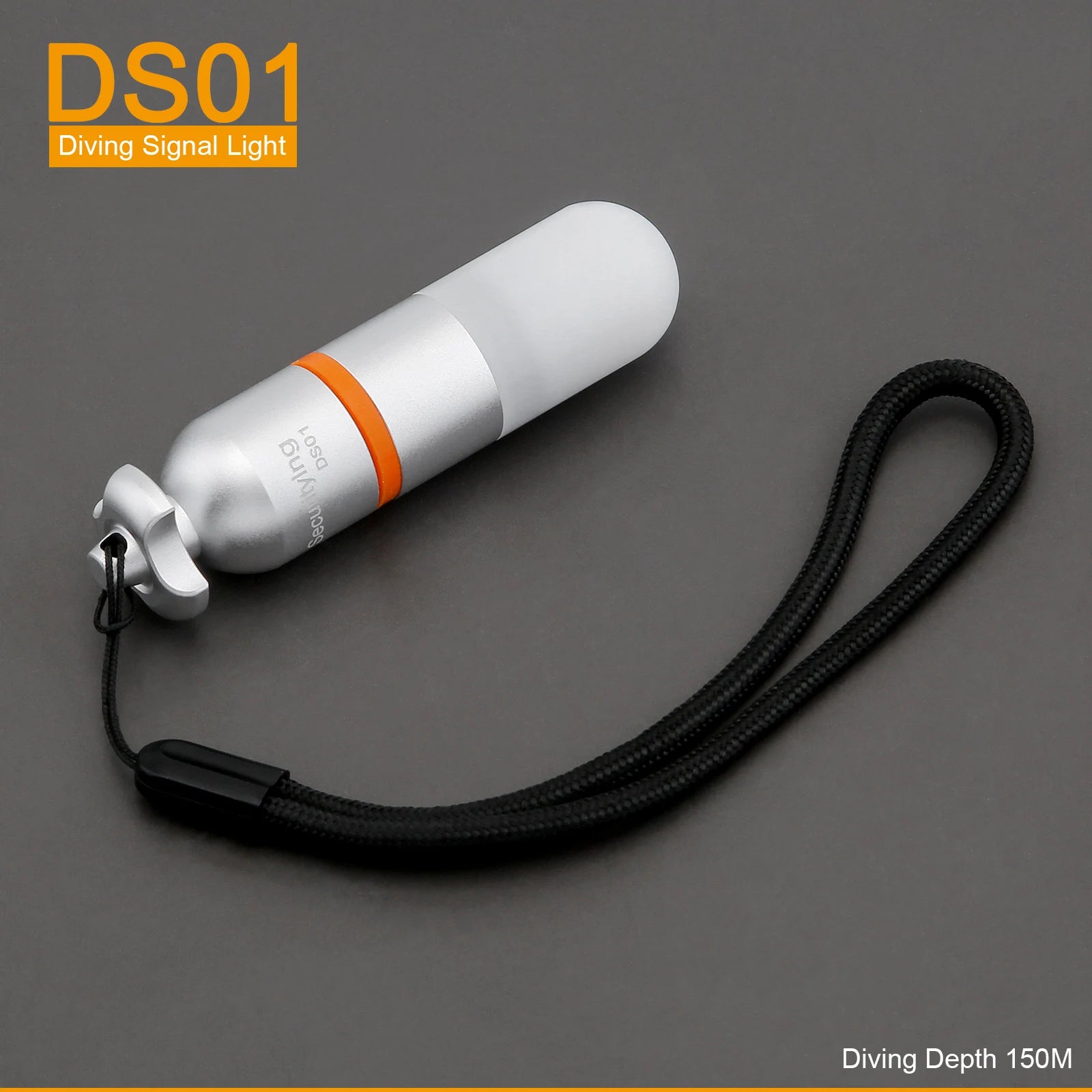 SecurityIng DS01 Underwater Strobe Light with 108-hour battery life, high-intensity flashing signal, waterproof design for depths up to 150 meters, and easy twist-on/off operation for scuba diving and night activities.