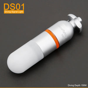 SecurityIng DS01 Underwater Strobe Light with 108-hour battery life, high-intensity flashing signal, waterproof design for depths up to 150 meters, and easy twist-on/off operation for scuba diving and night activities.