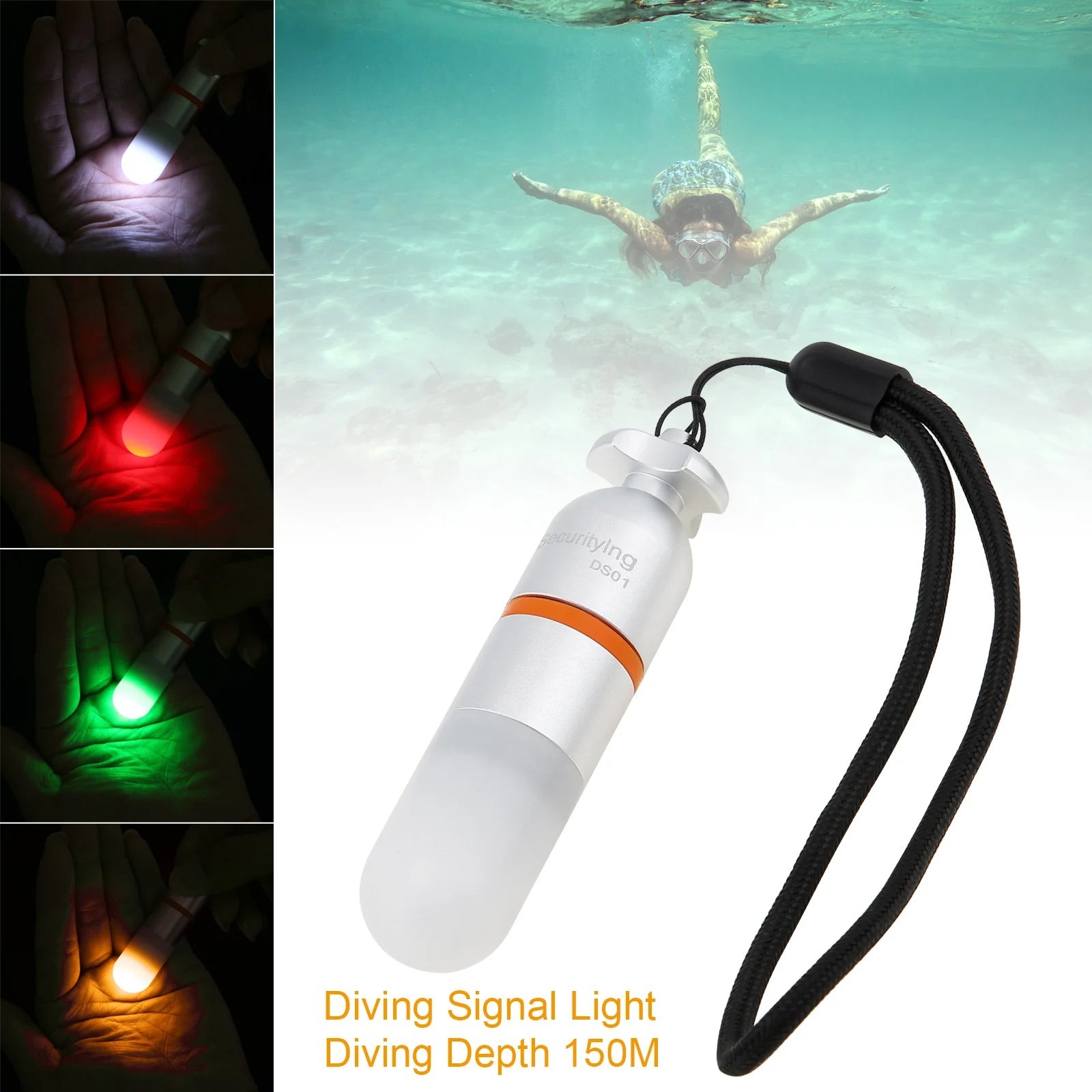 SecurityIng DS01 Underwater Strobe Light with 108-hour battery life, high-intensity flashing signal, waterproof design for depths up to 150 meters, and easy twist-on/off operation for scuba diving and night activities.