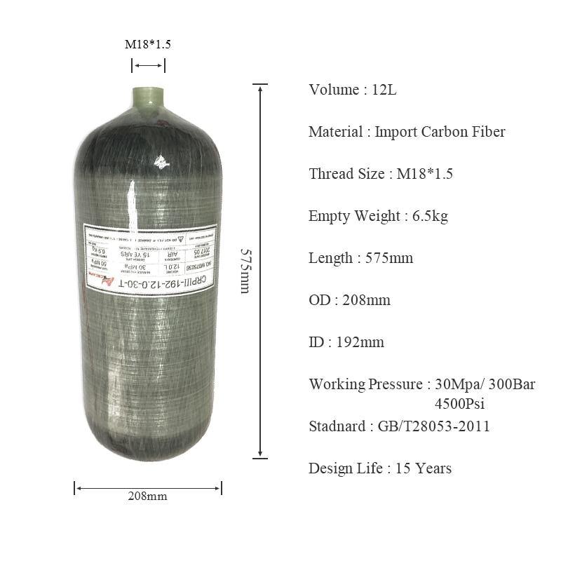 AC3120 Acecare 12L GB HPA Carbon Fiber Dive Tank, lightweight and durable with 70% weight reduction compared to steel, high-capacity design for extended dives, optimal buoyancy control, eco-friendly choice for recreational and technical diving.