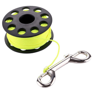 Corrosion-resistant diving spool reel, lightweight PC construction, stainless steel bolt, large flange, ideal for scuba diving, deploying safety markers, surface marker buoy, and cold water diving.